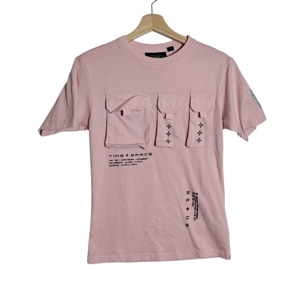 Time + Space Pink Cargo Pocket Graphic T-Shirt Womens Small Streetwear Tee